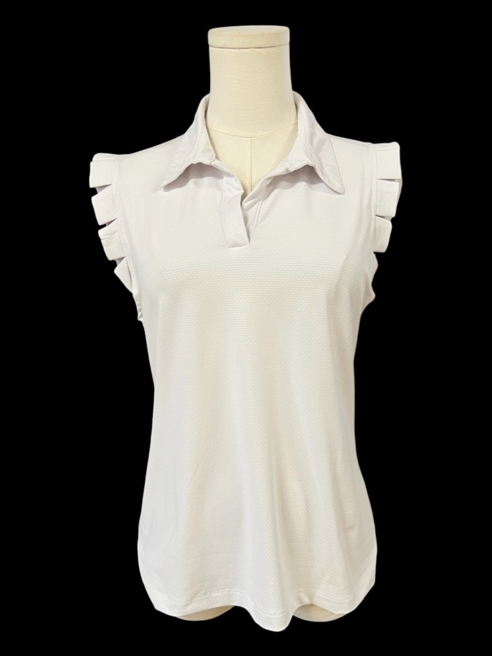 RUC X by Gottex White Sleeveless Golf Polo Ruffle Trim Performance Top | Size M
